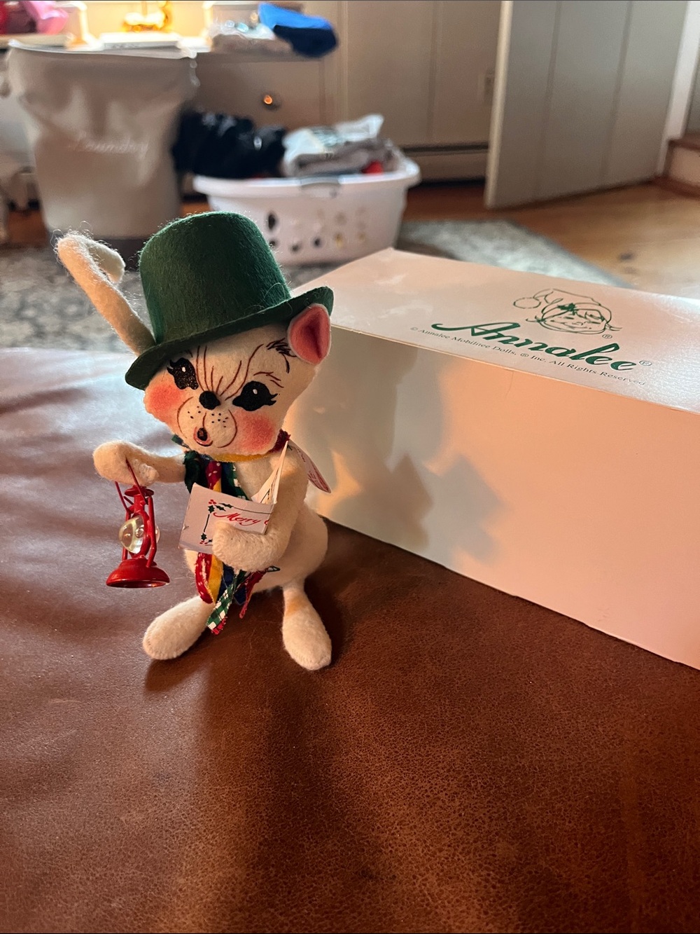 Annalee Cream Cat Doll with Green Hat and Red Lantern